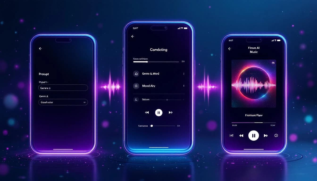 AI music generator workflow showing prompt input, genre selection and finished waveform player
